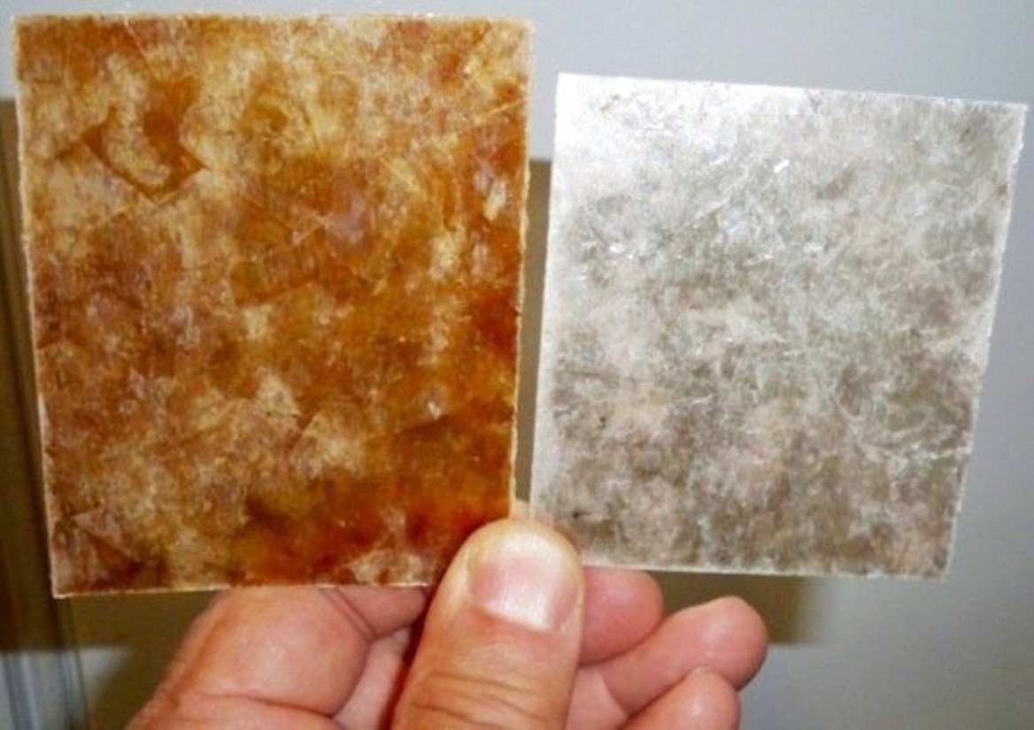 Mica Samples - Amber (left); Silver Mica (right)