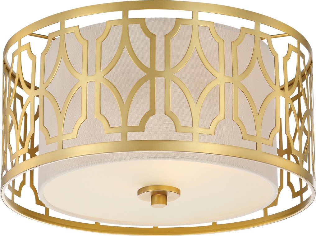 Natural Brass & Linen Drum Flush Ceiling Light Linen Shade 15"Wx8"H