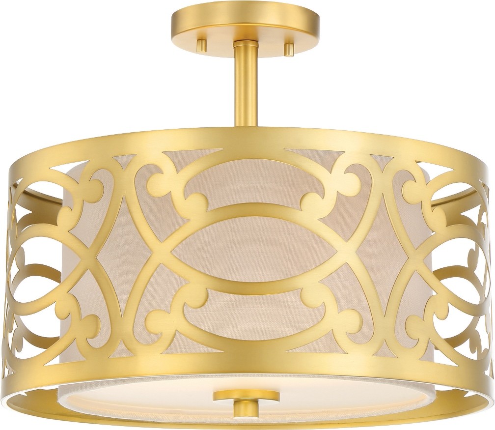 Natural Brass & Linen Semi Flush Ceiling Light Linen Shade 15"Wx12"H
