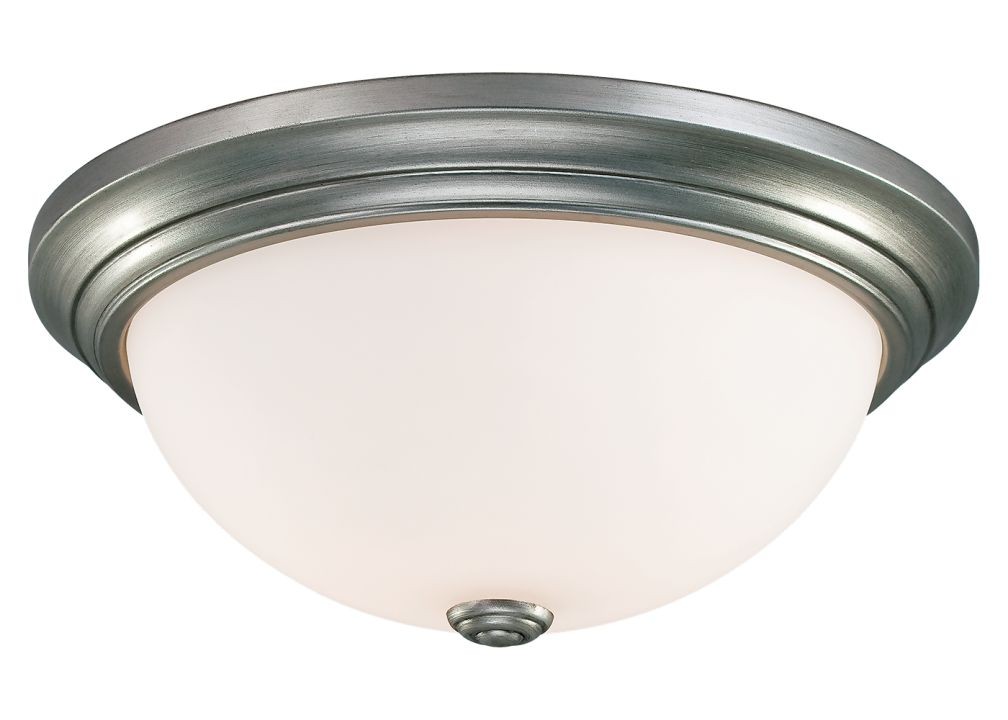 Rubbed Silver Flush Ceiling Light White Glass 13"Wx5"H