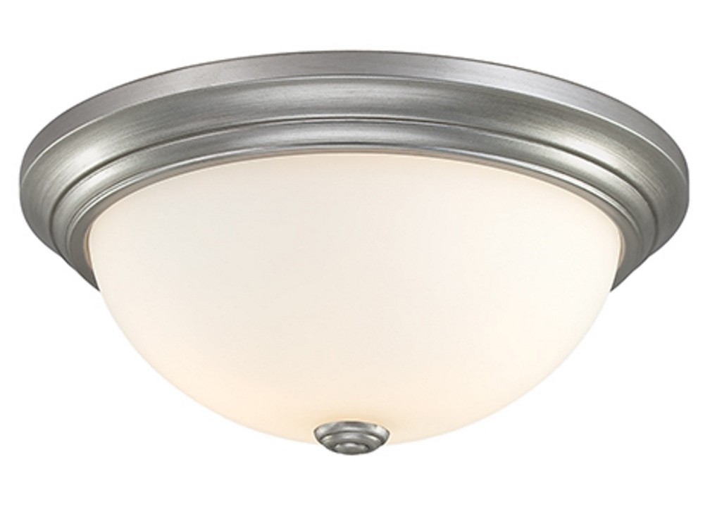 Rubbed Silver Flush Ceiling Light White Glass 15"Wx5"H