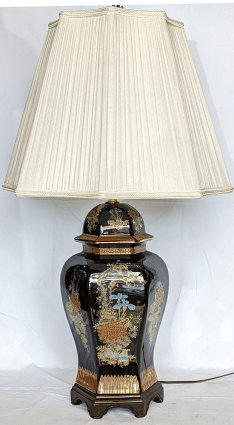 Black Porcelain Lamp Highly Decorated 34"H - SOLD