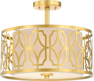 Filigree Natural Brass Semi Flush Ceiling Light Fabric Shade 15"Wx12"H